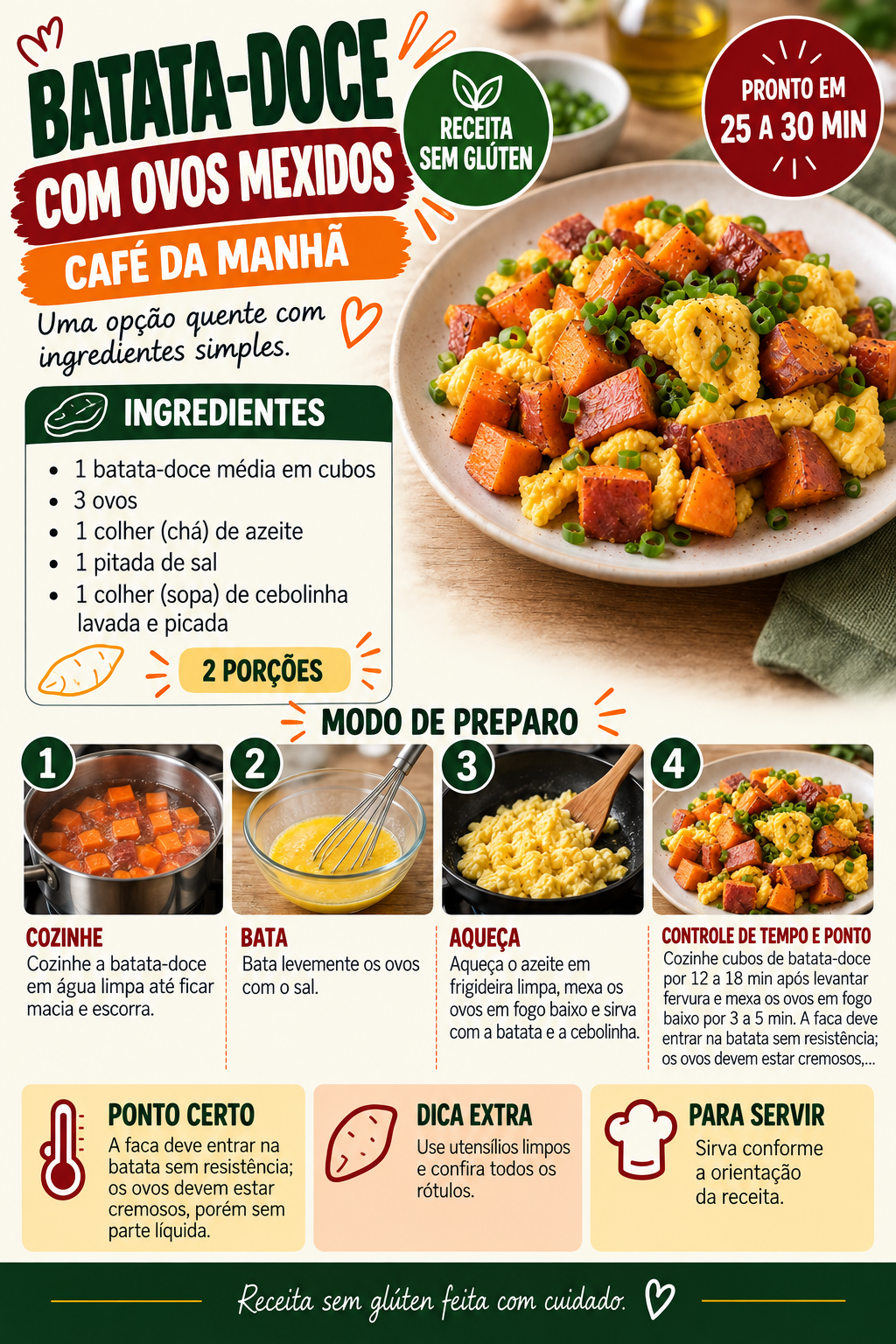 Receita ilustrada de batata-doce com ovos mexidos