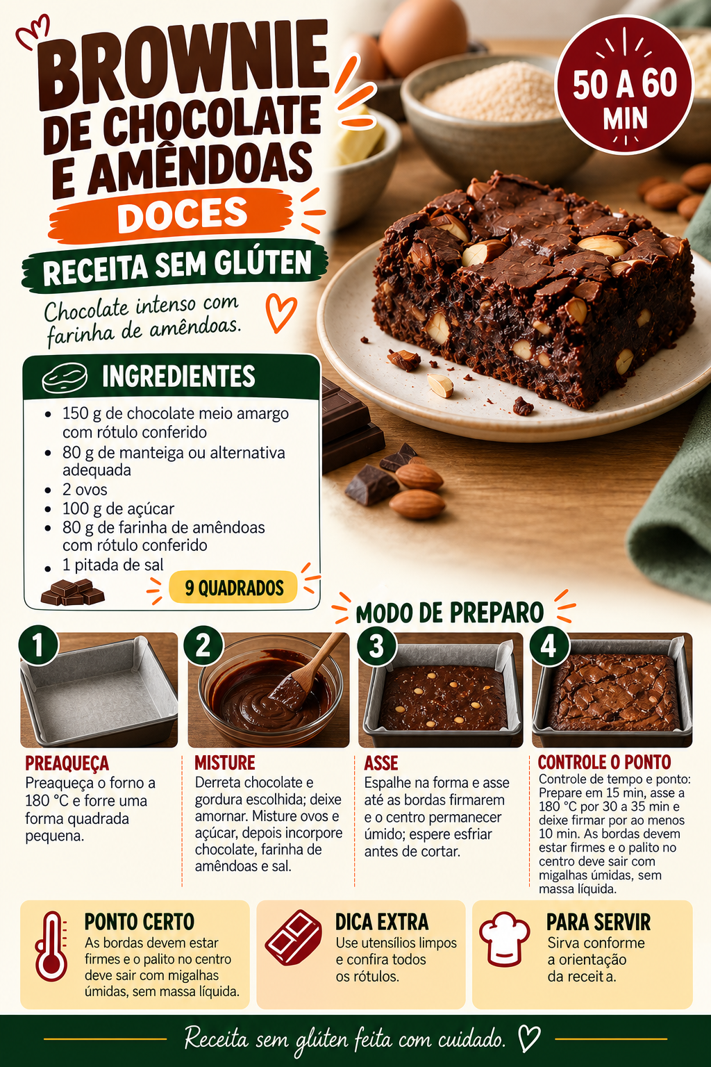 Receita ilustrada de brownie de chocolate e amêndoas