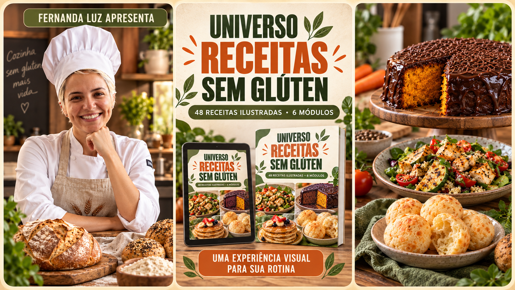 Fernanda Luz apresentando o Universo Receitas Sem Glúten com exemplos de receitas e visualização em tablet
